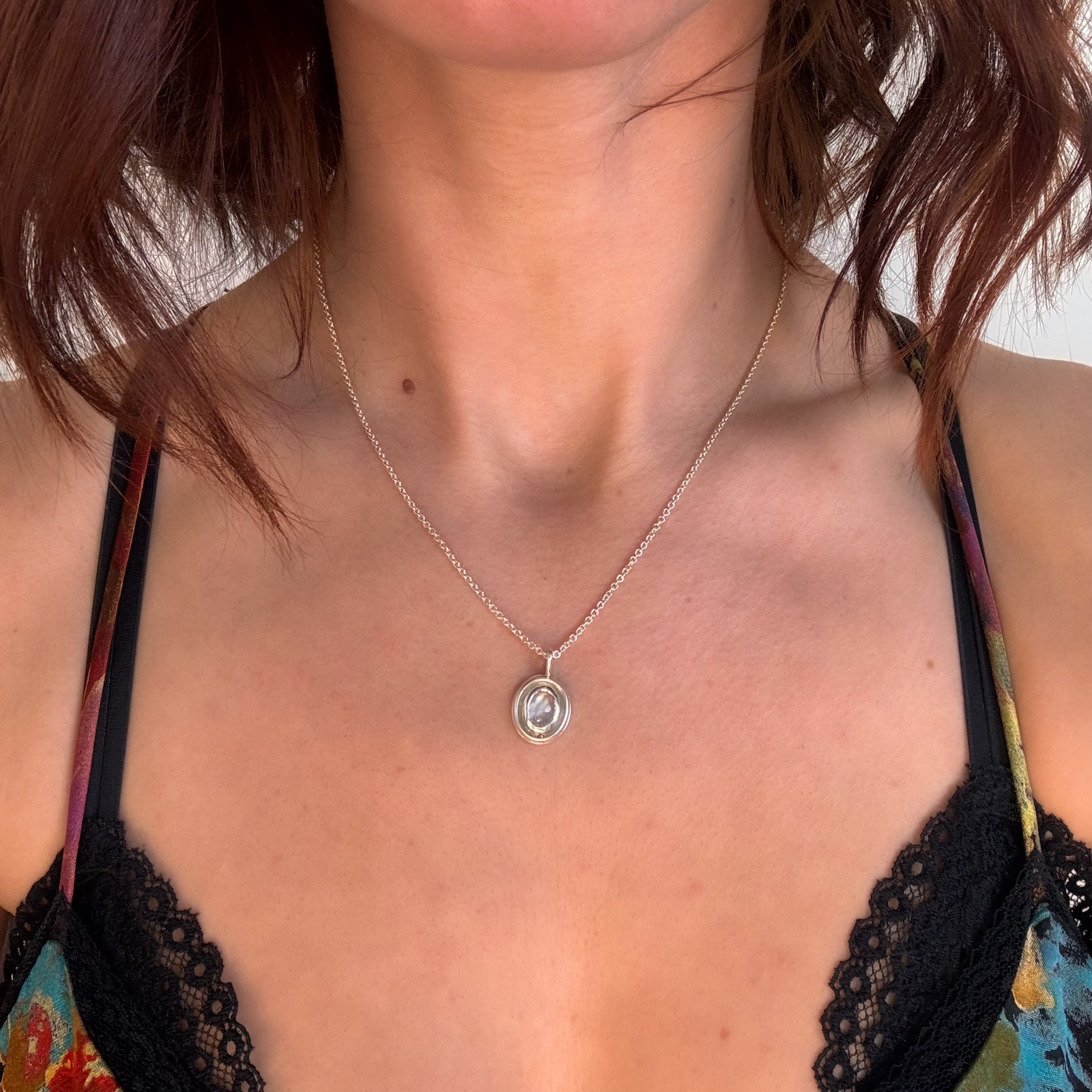Oval Orbit Rainbow Moonstone Necklace