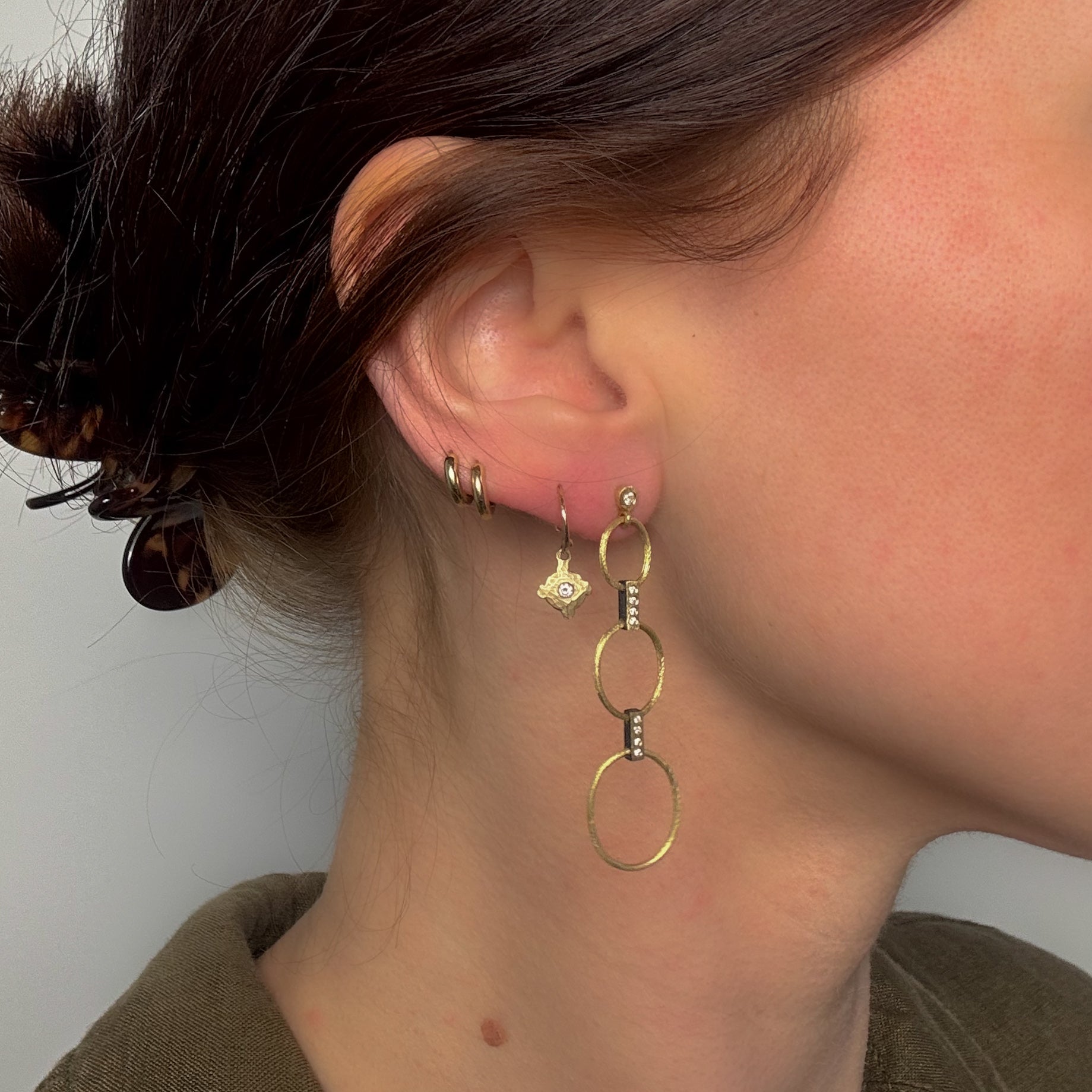 rene Escobar alba triple hoop earrings in 18k yellow gold, sterling silver, and diamonds