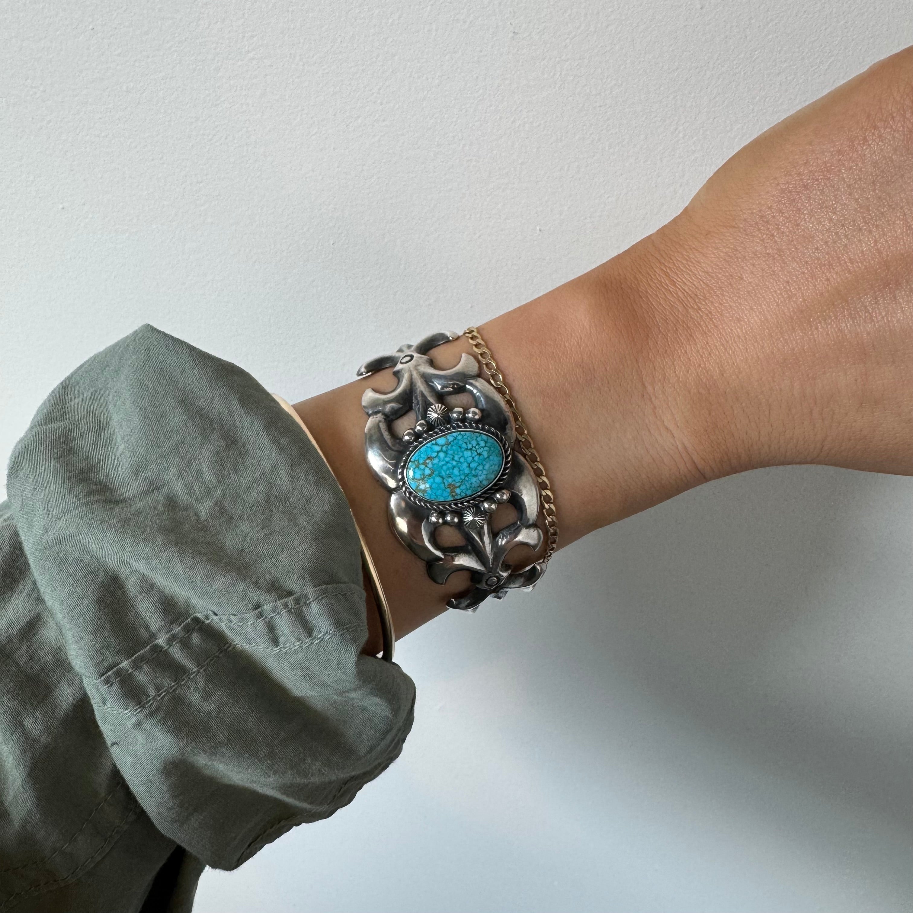Sandcast Kingman Turquoise Cuff Bracelet by Harrison Bitsu-Southwest