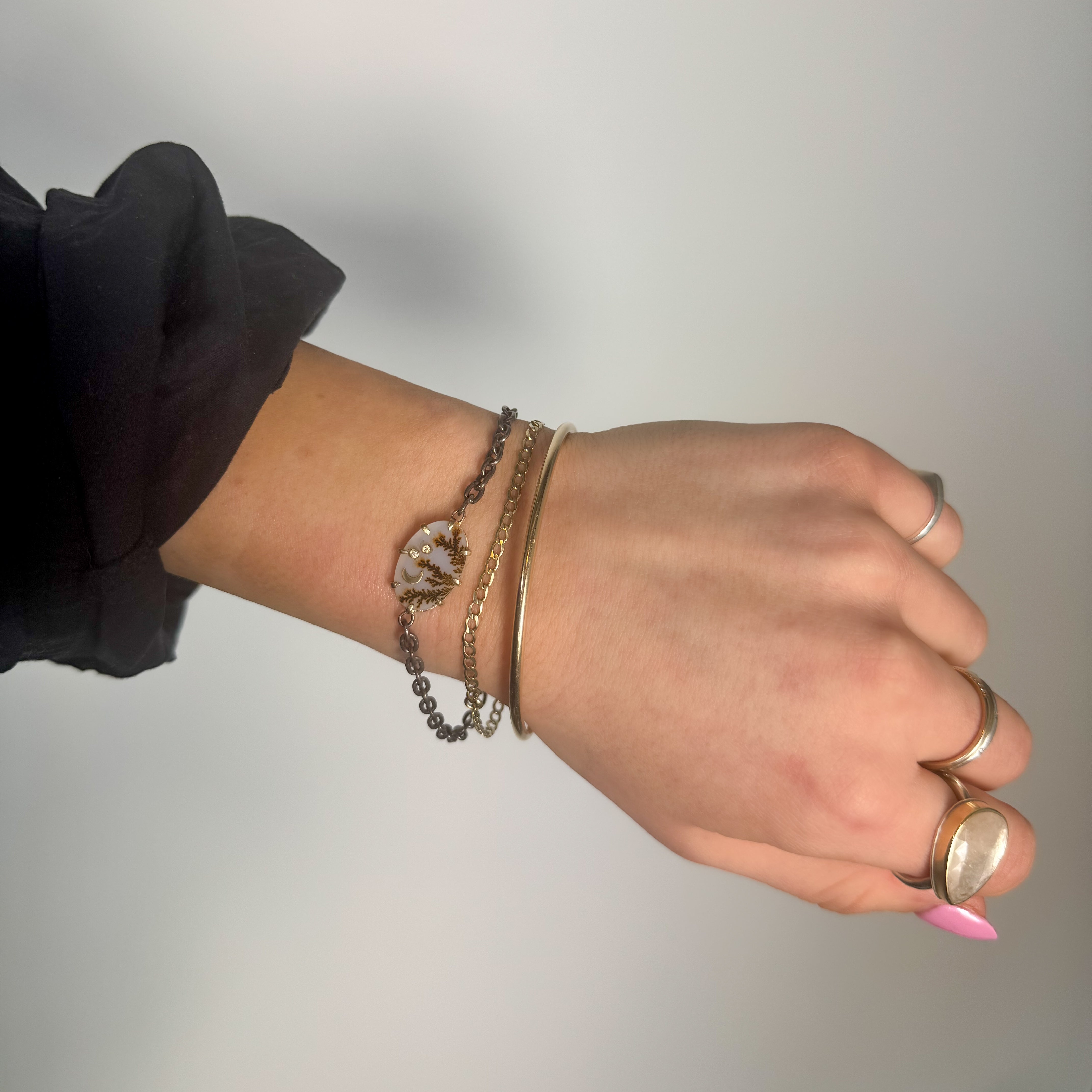 Acanthus-praireline-dendritic-moon-bracelet modeled