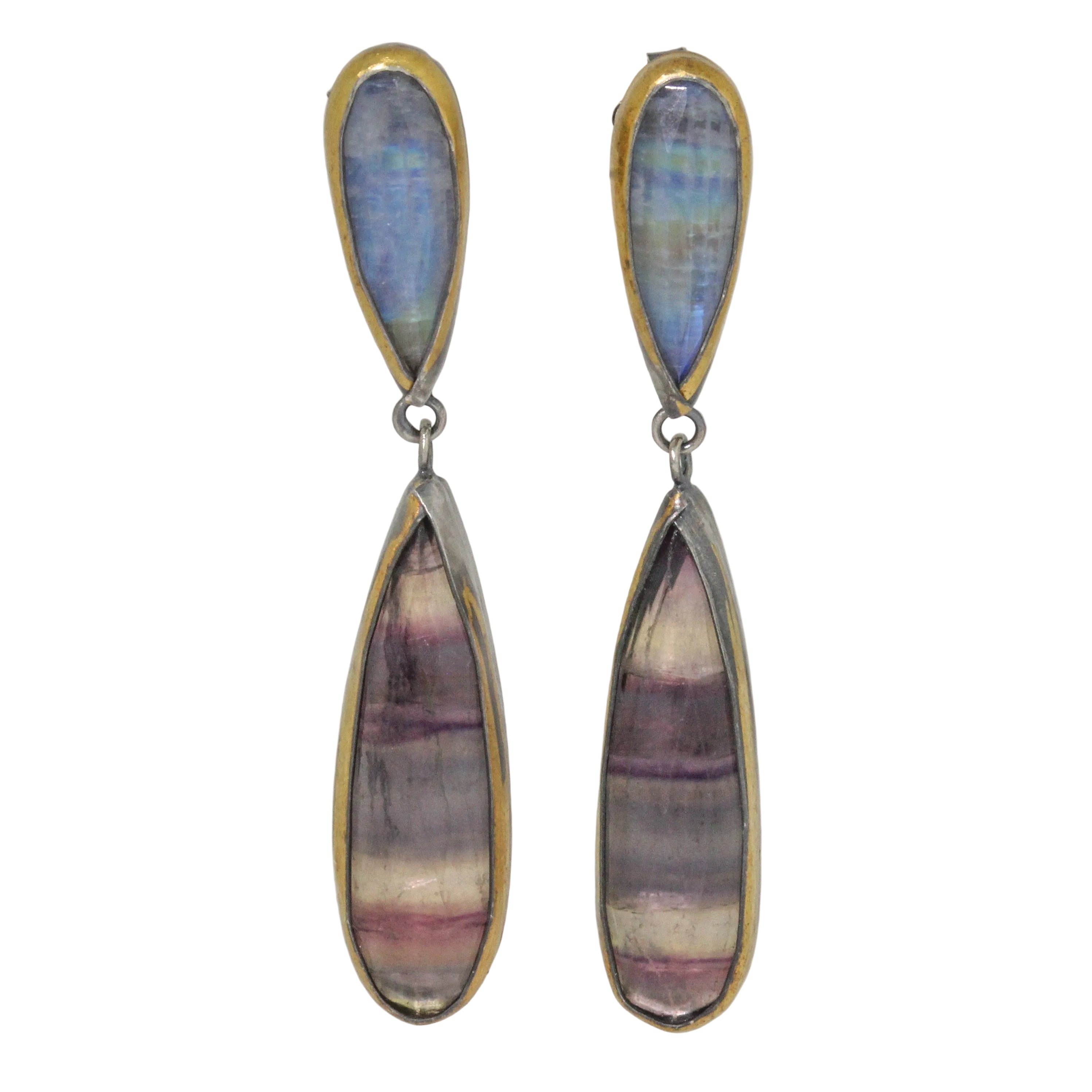 Rainbow Moonstone & Fluorite Post Drop Earrings