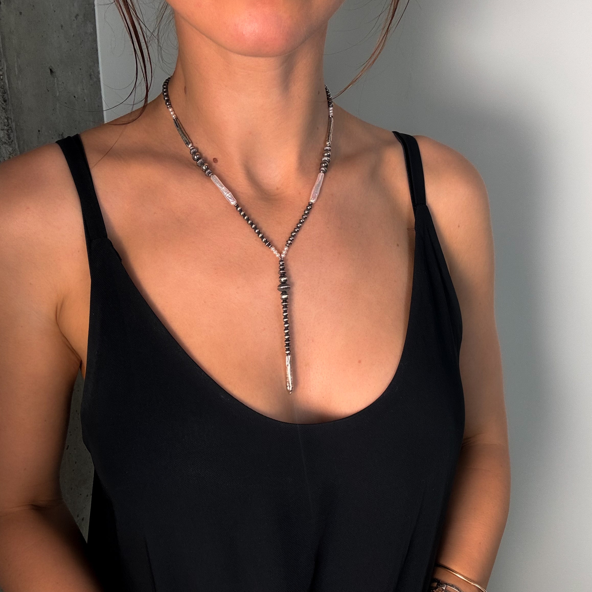 Navajo Pearl Lariat w. Stick Pearls Necklace