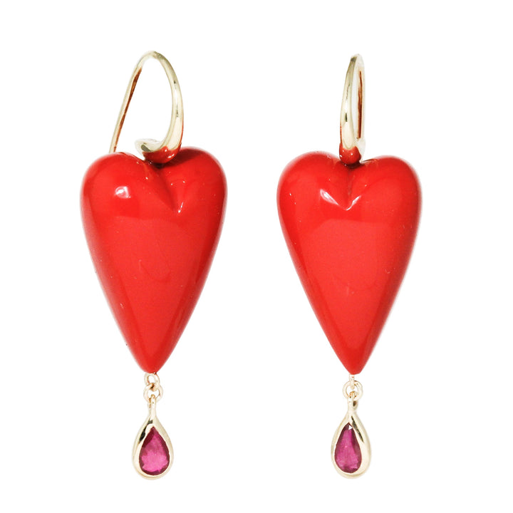 Coral Heart Ruby Drop Earrings