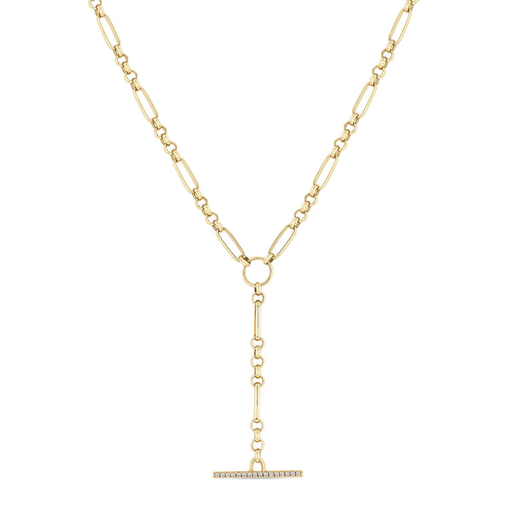 Pave Lariat Paperclip Rolo Chain Necklace