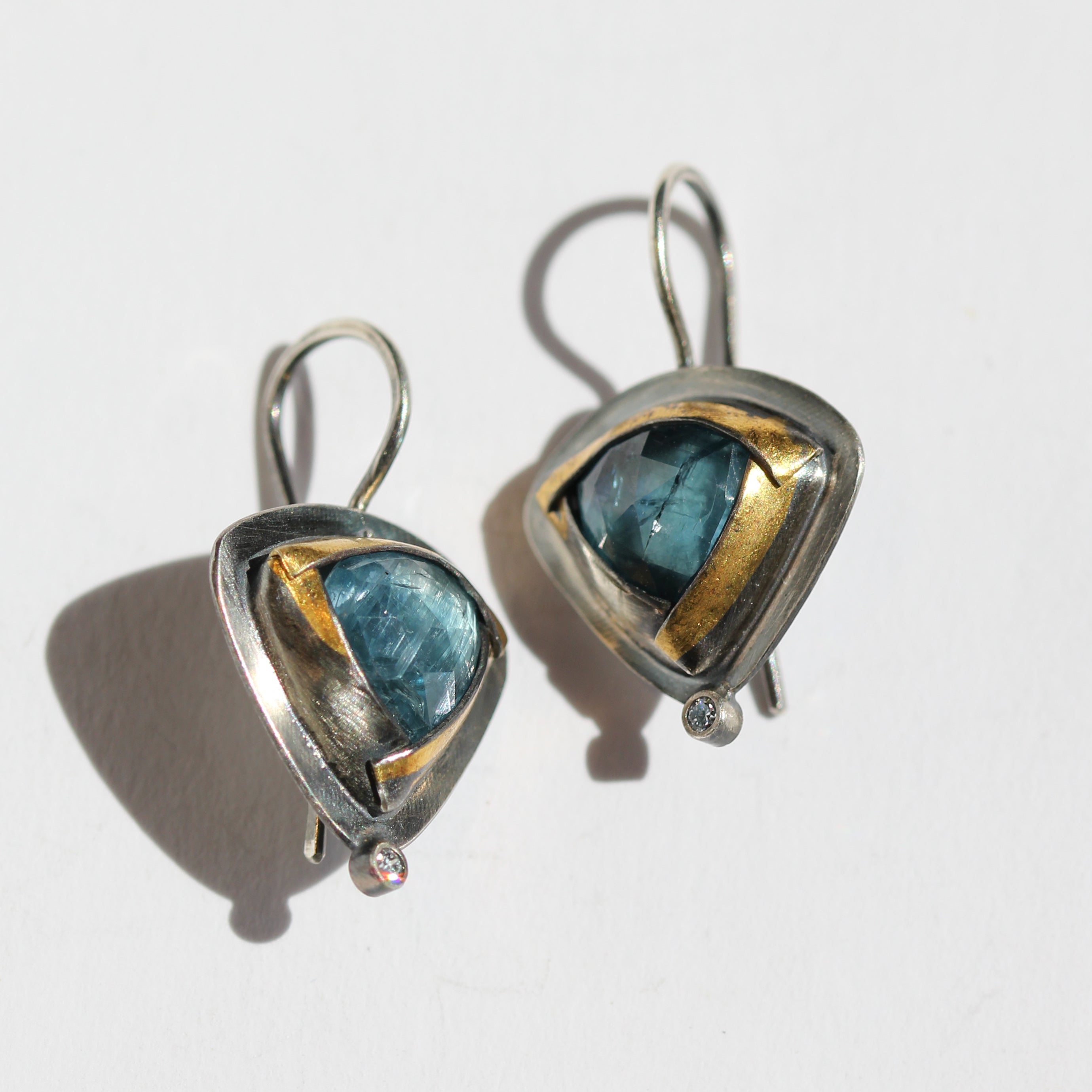 Small Tri Fold Kyanite and Diamond Earrings