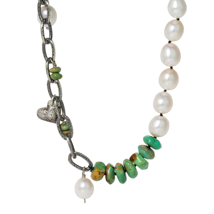 Pearl and Green Turquoise Charmed Choker Necklace