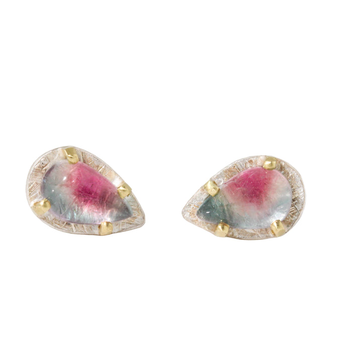 Carved Watermelon Tourmaline Stud Earrings
