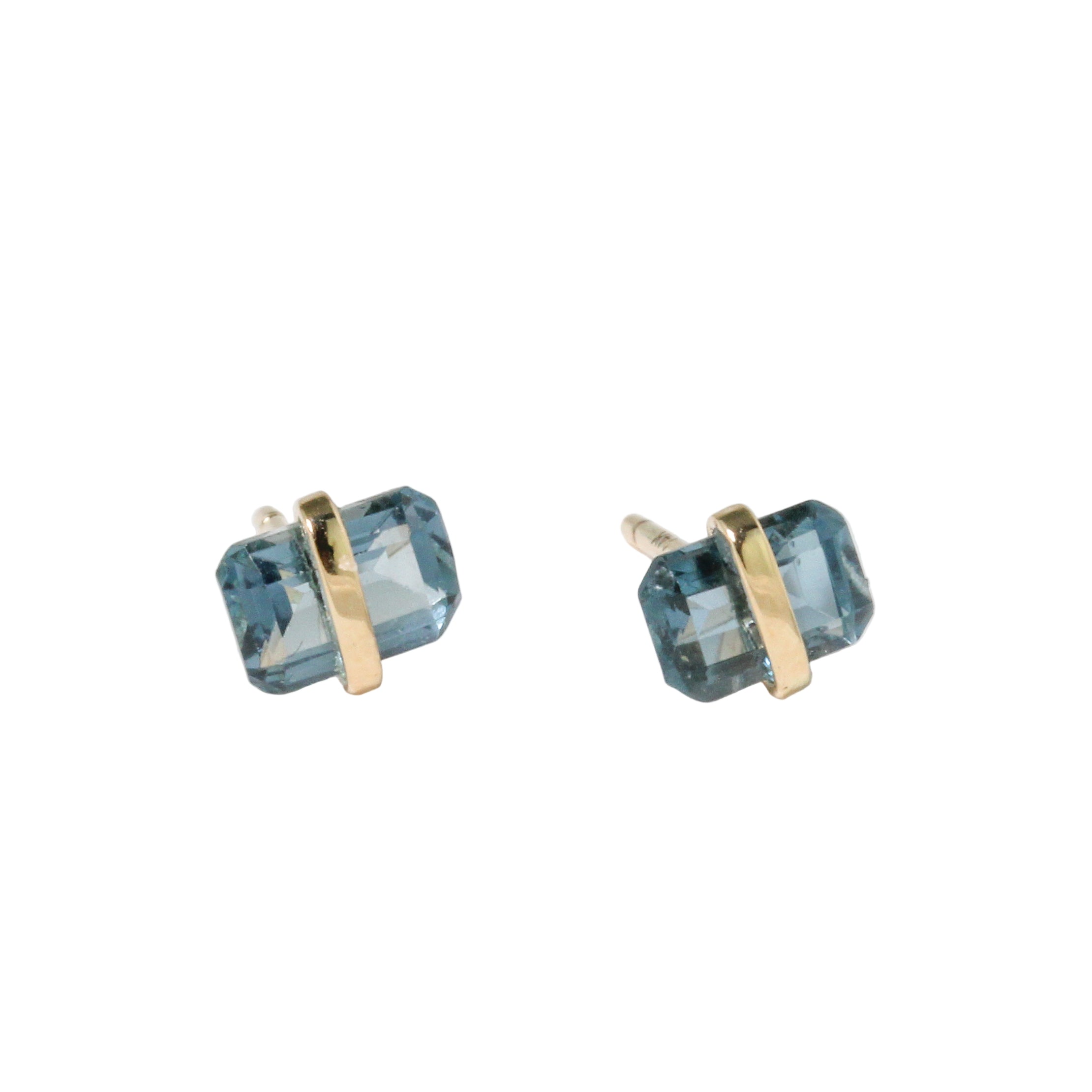 Banded Emerald Cut Blue Topaz Stud Earrings
