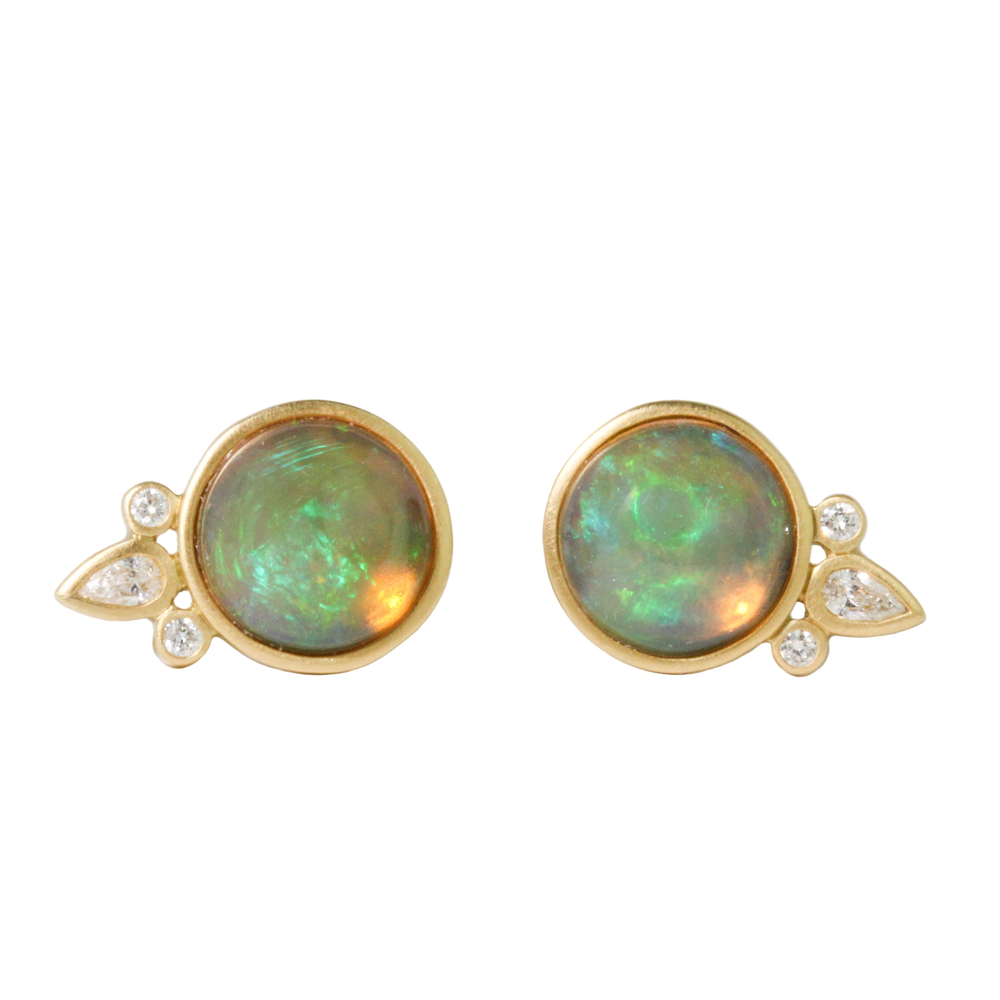 Round Opal + Diamond Fan Stud Earrings