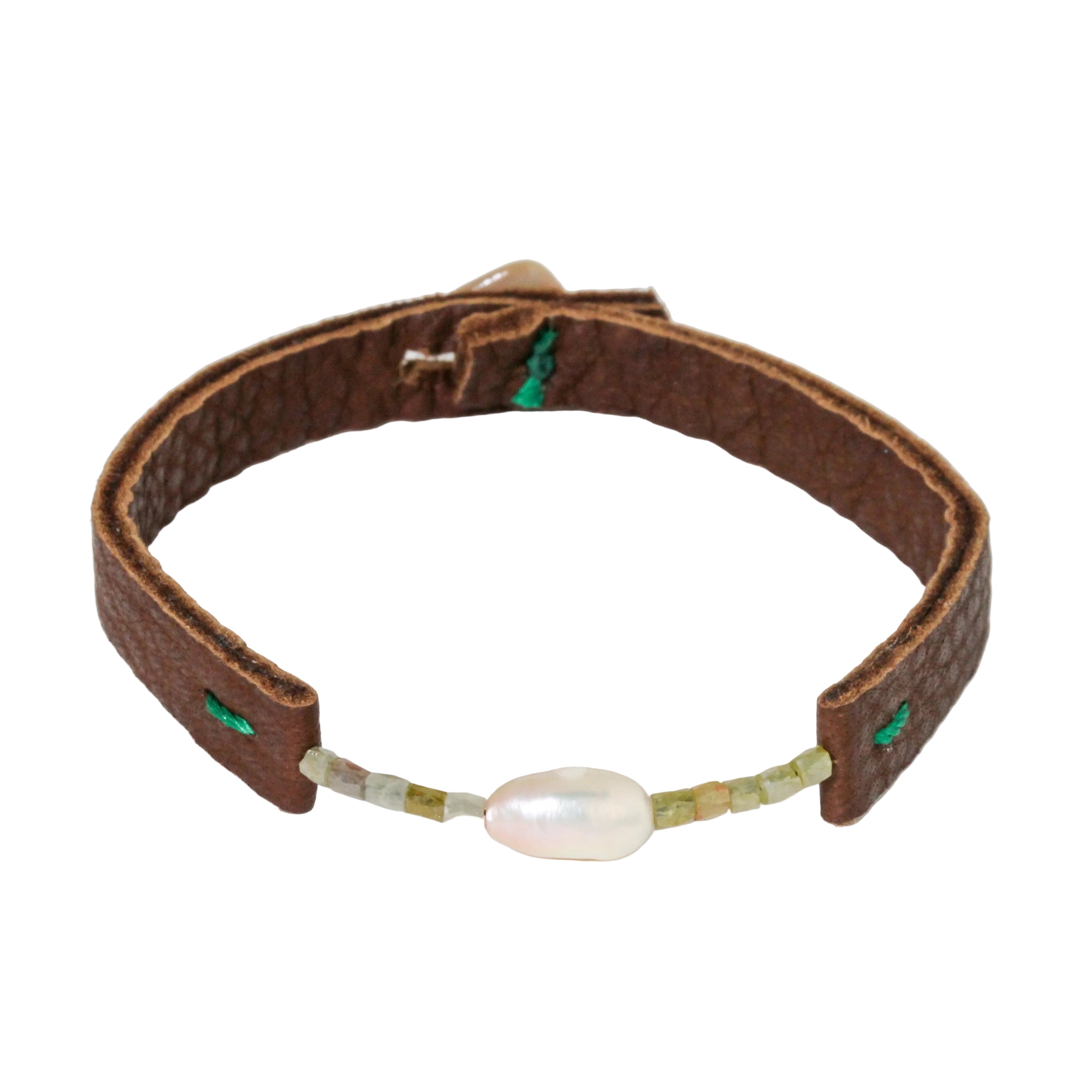 Pearl + Green Diamond Leather Bracelet
