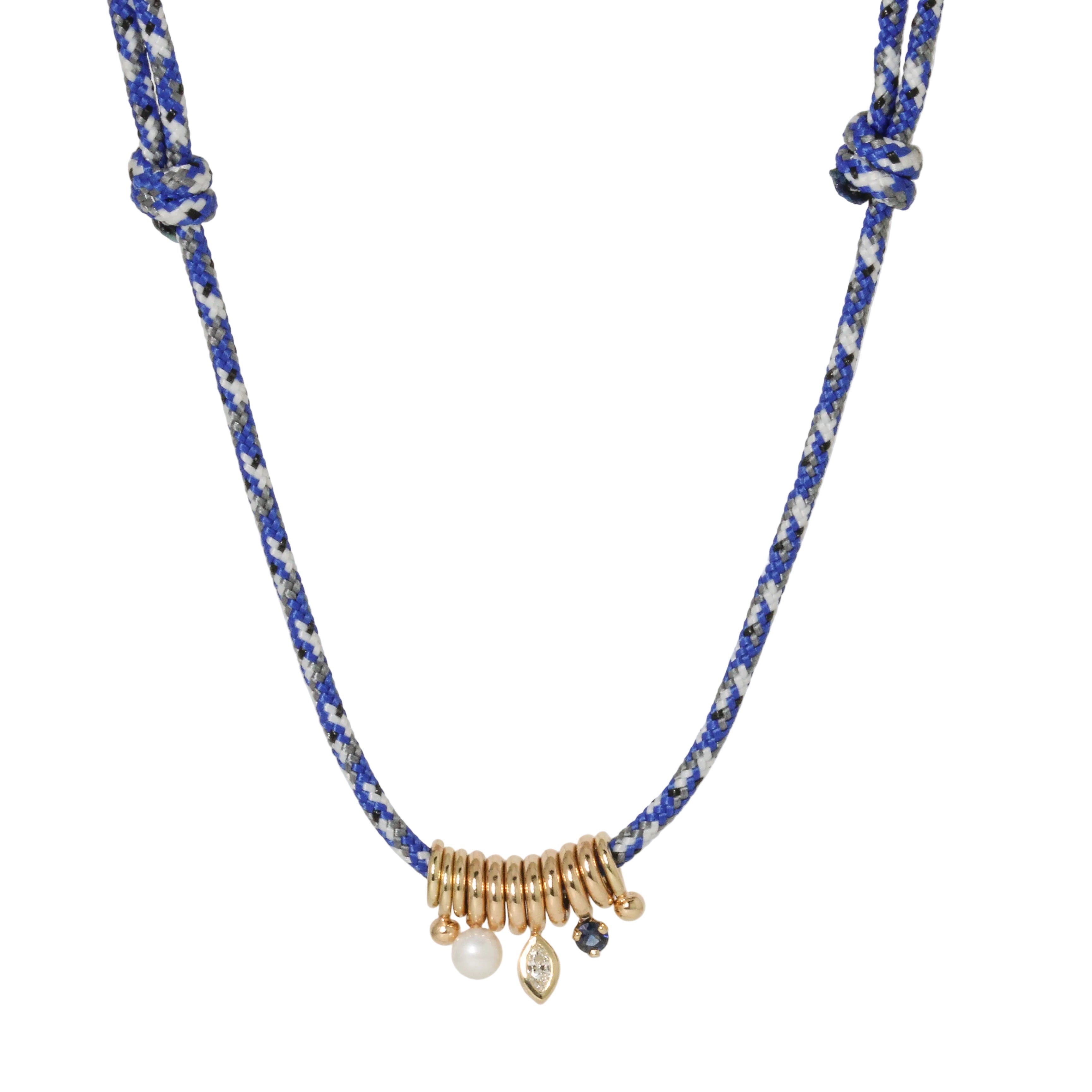 Sapphire, Diamond & Pearl on Navy Paracord Necklace