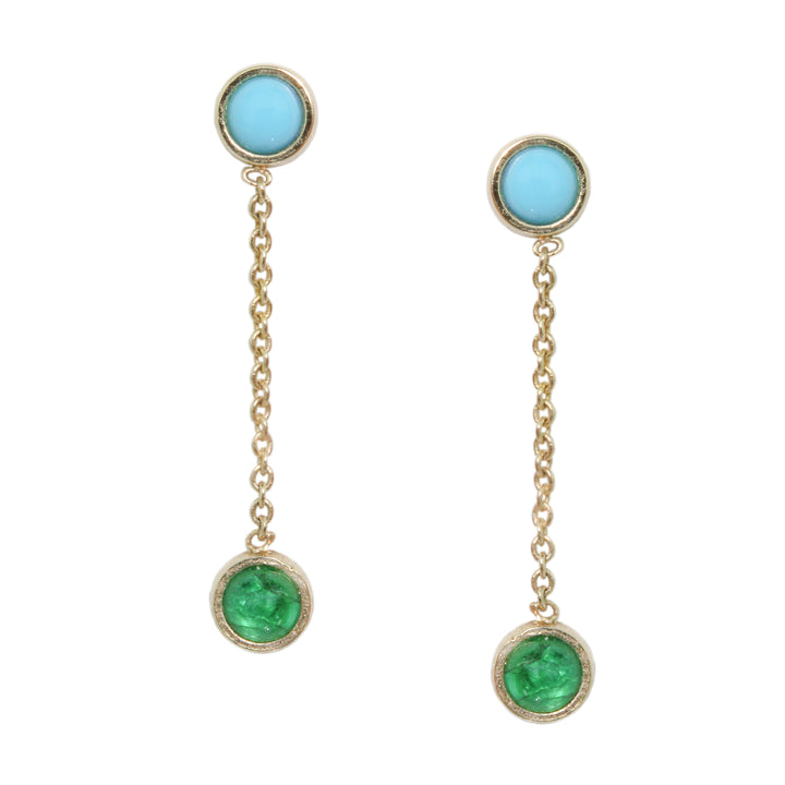 Turquoise & Emerald Chain Drop Stud Earrings