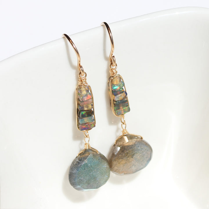 Stacked Black Opal and Labradorite Earrings