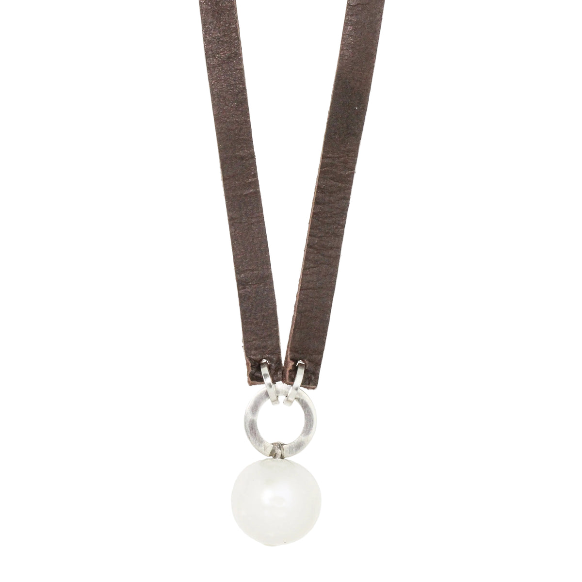 White Pearl + Brown Leather Necklace