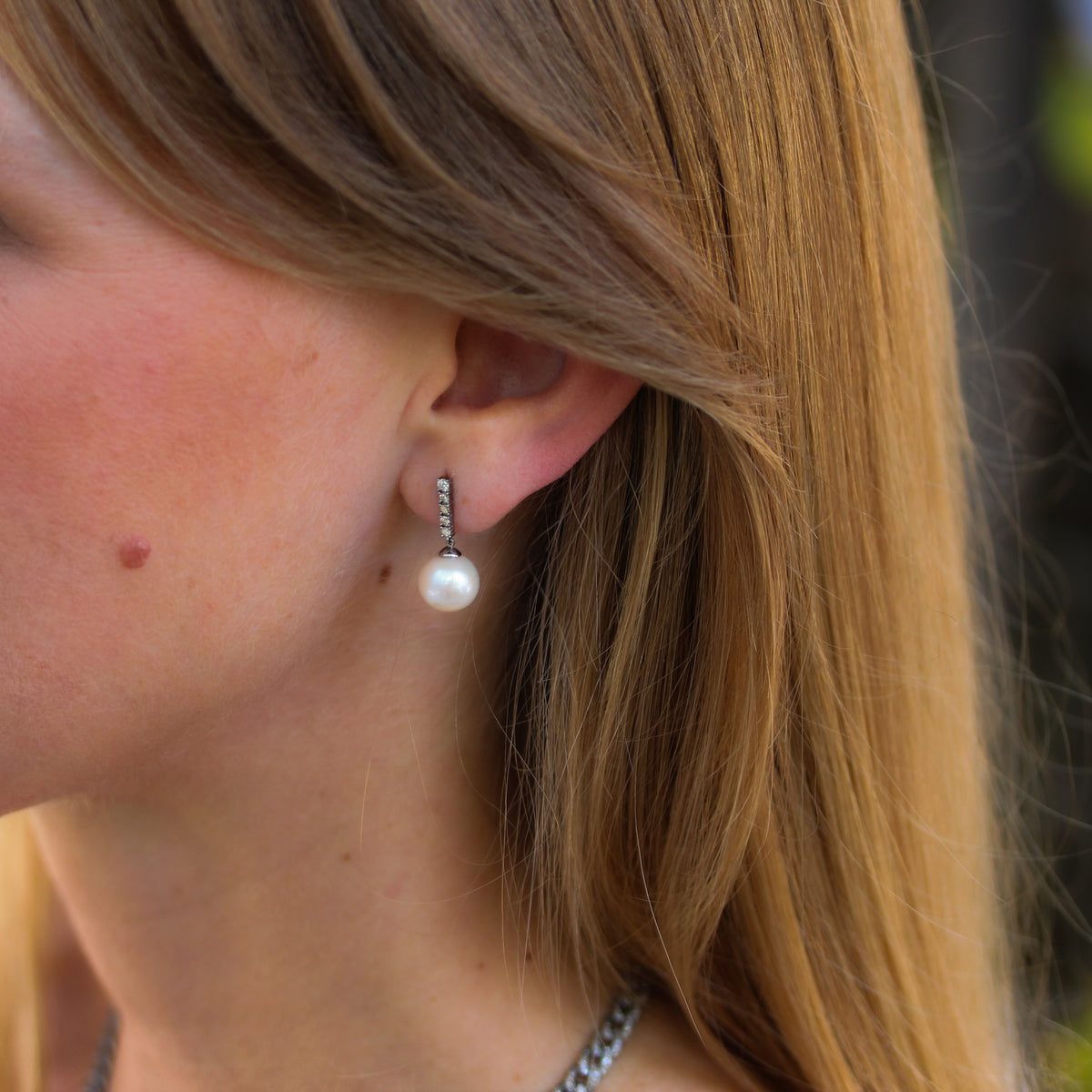 Diamond & Pearl Drop Stud Earrings