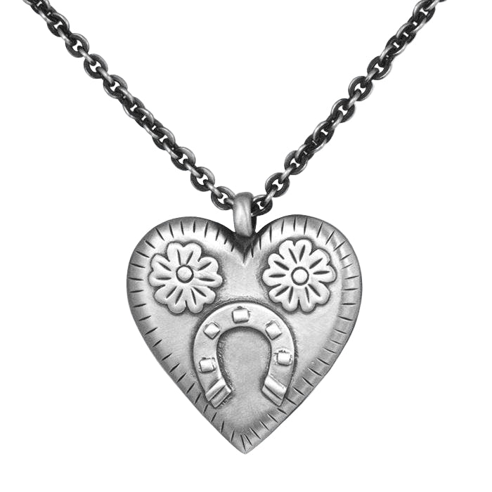 Large Heart Pendant with Flowers and Horseshoe Necklace