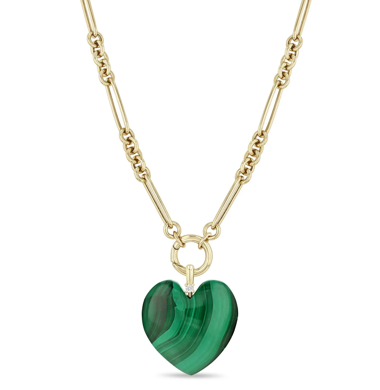 Malachite Heart Necklace on Paperclip Rolo Chain