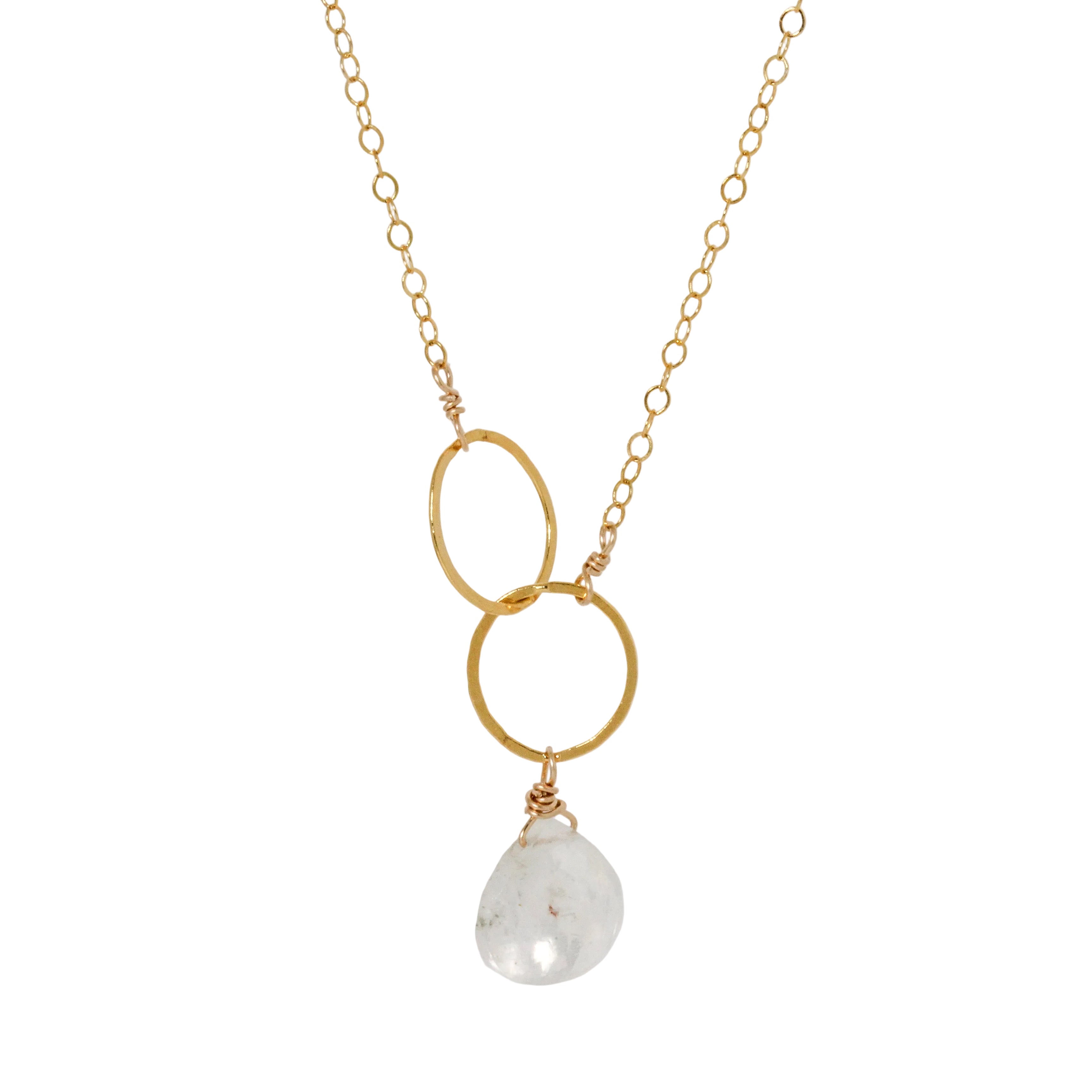 Rainbow Moonstone Double Circle Drop Necklace