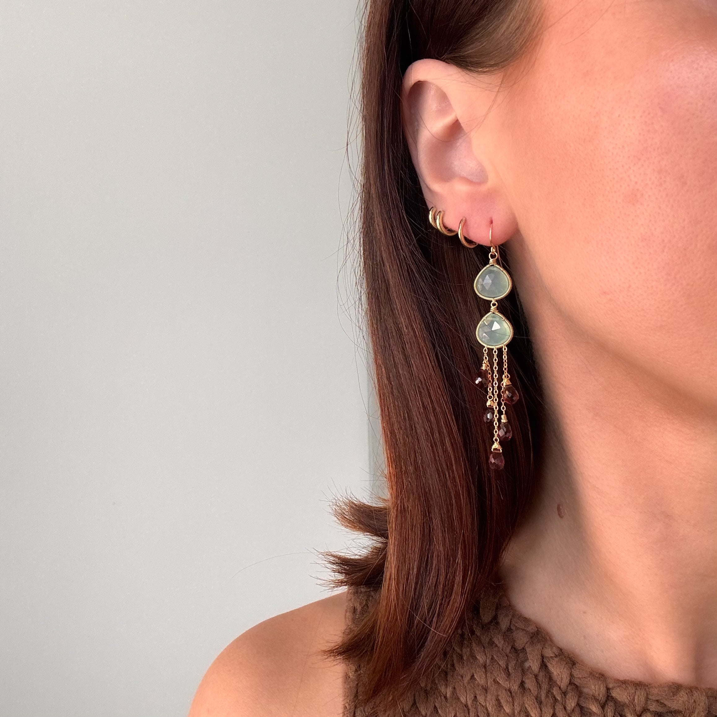 Aqua Chalcedony and Garnet Drop Earrings