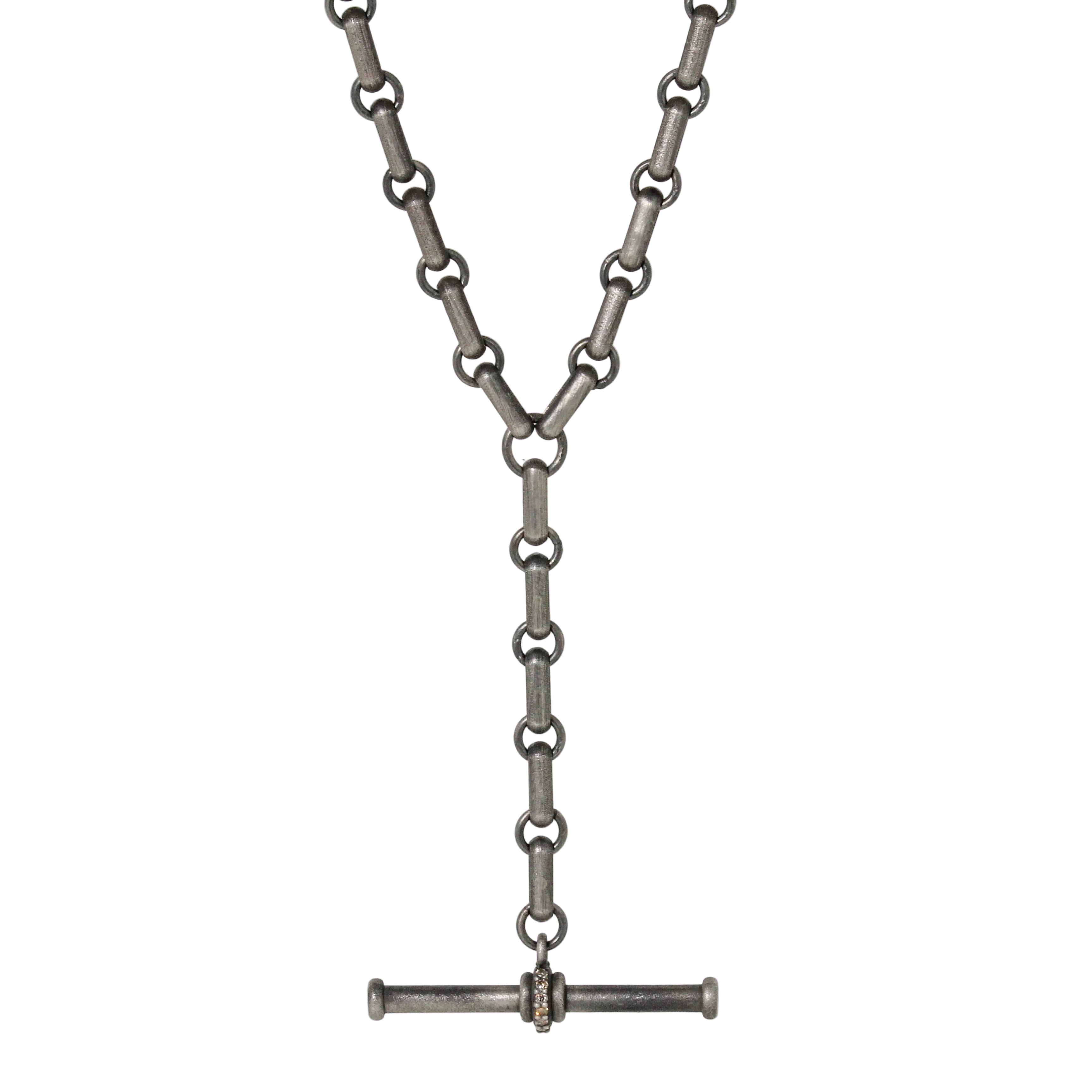oxidized sterling silver heavy chain T necklace by Manuk. Featuring diamonds.