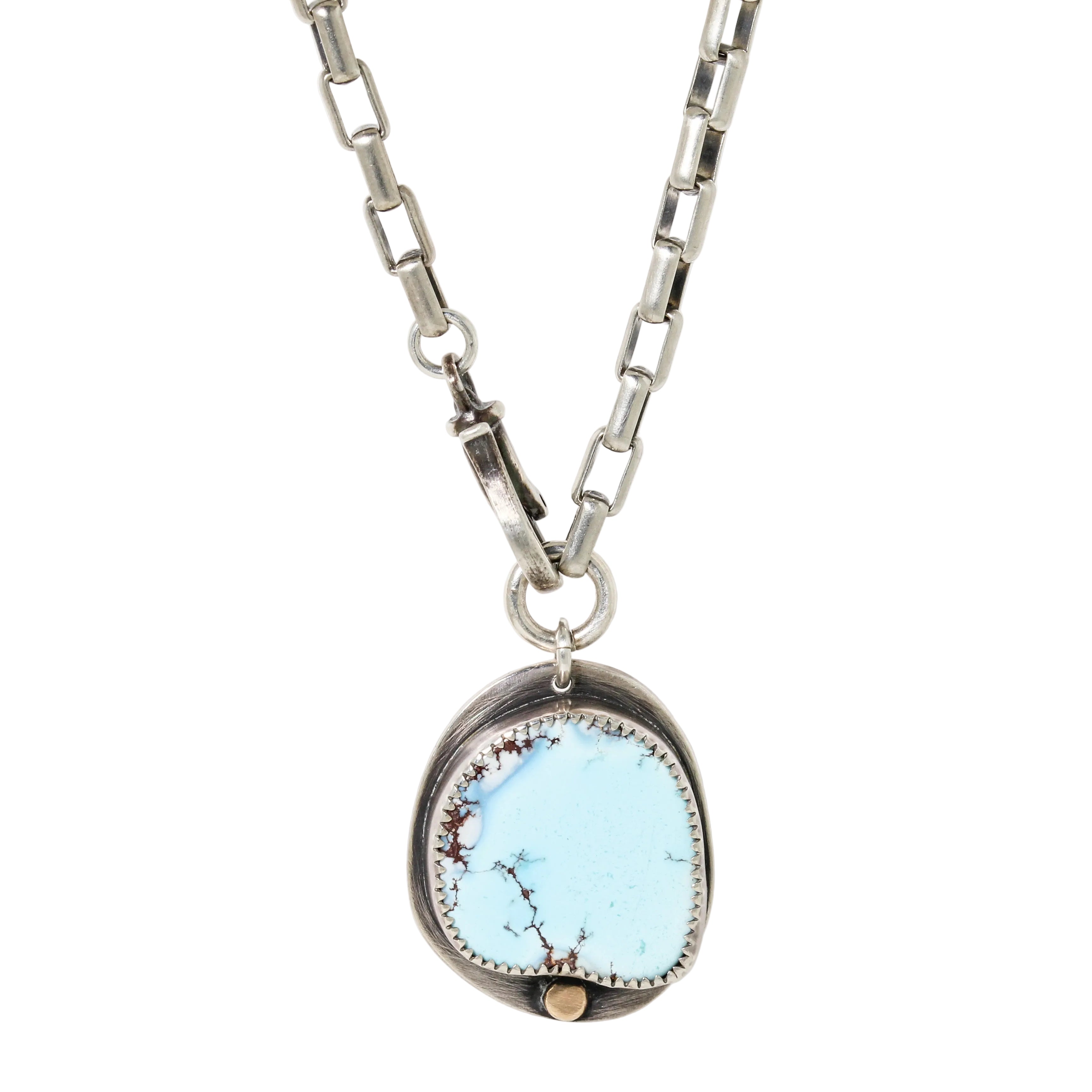 glacier lily Kazakhstan turquoise necklace in sterling silver and 14k gold detail