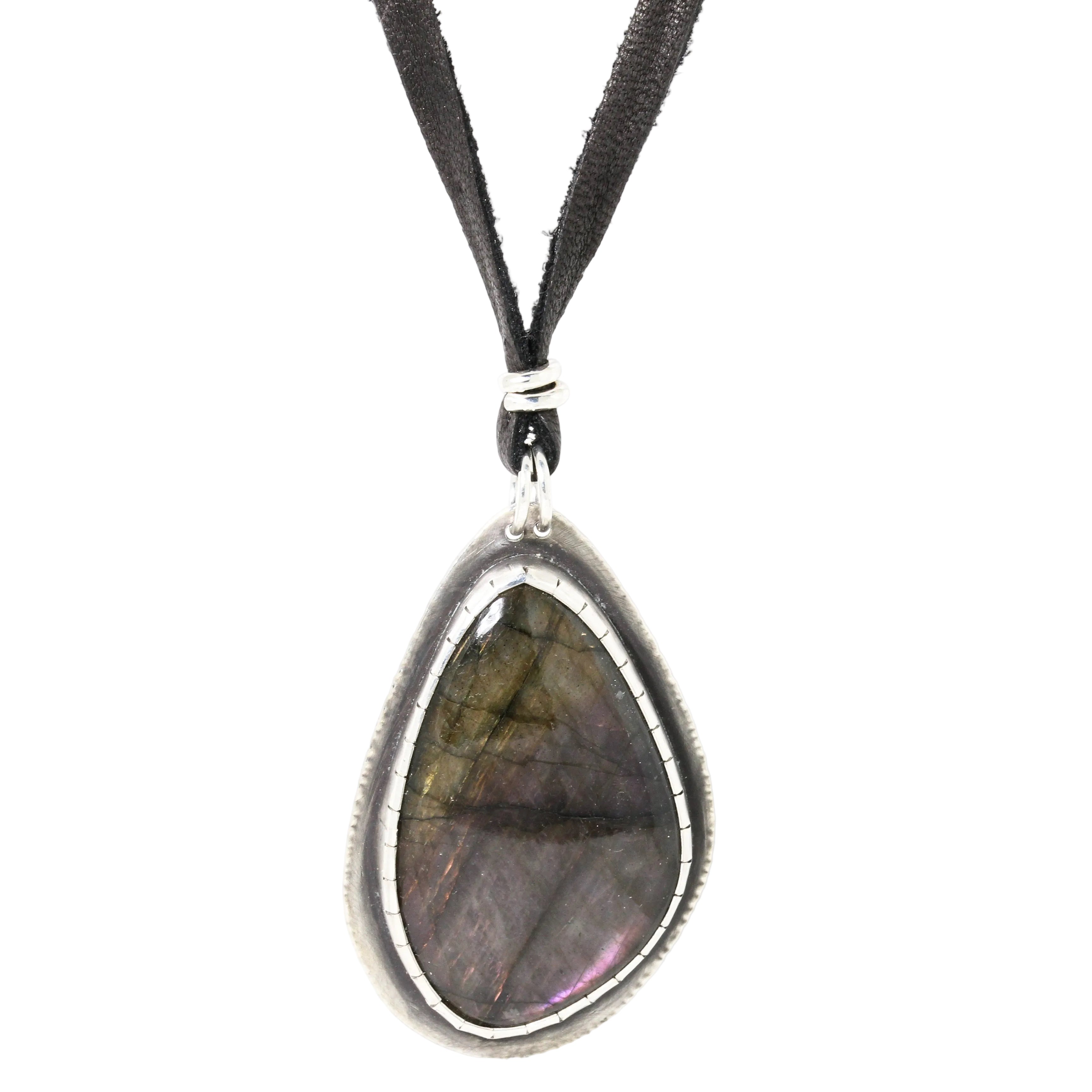 Glacier lily purple and yellow labradorite necklace on an adjustable leather cord