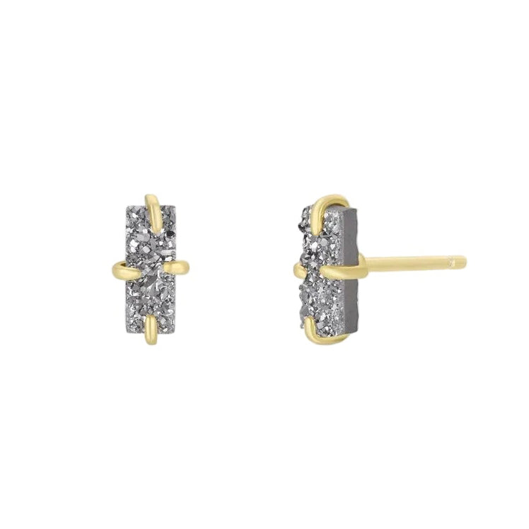 Silver Druzy Bar Prong Stud Earrings-JaxKelly