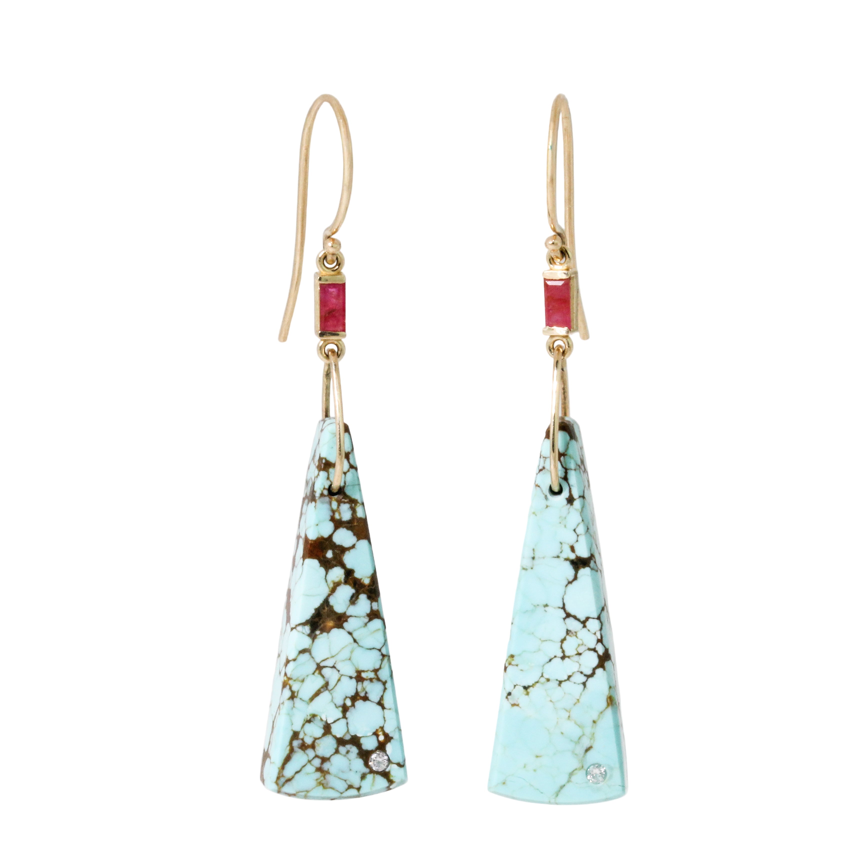 Triangle Turquoise + Ruby Baguette Earrings-Karin Luvaas