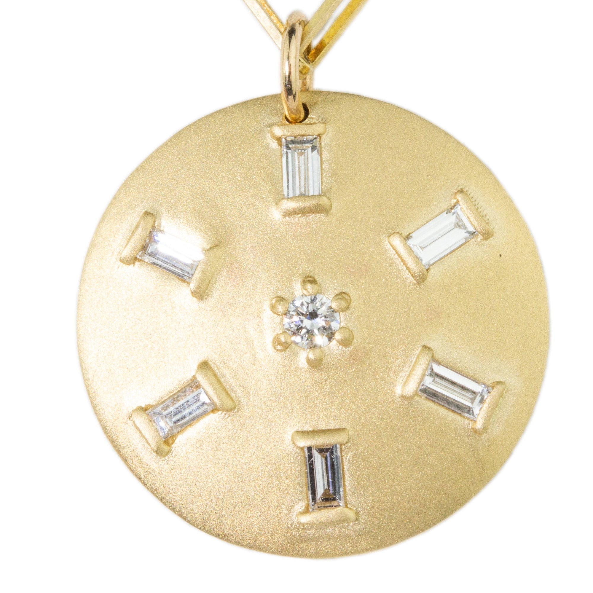 Baguette and Round Diamond Disc Necklace