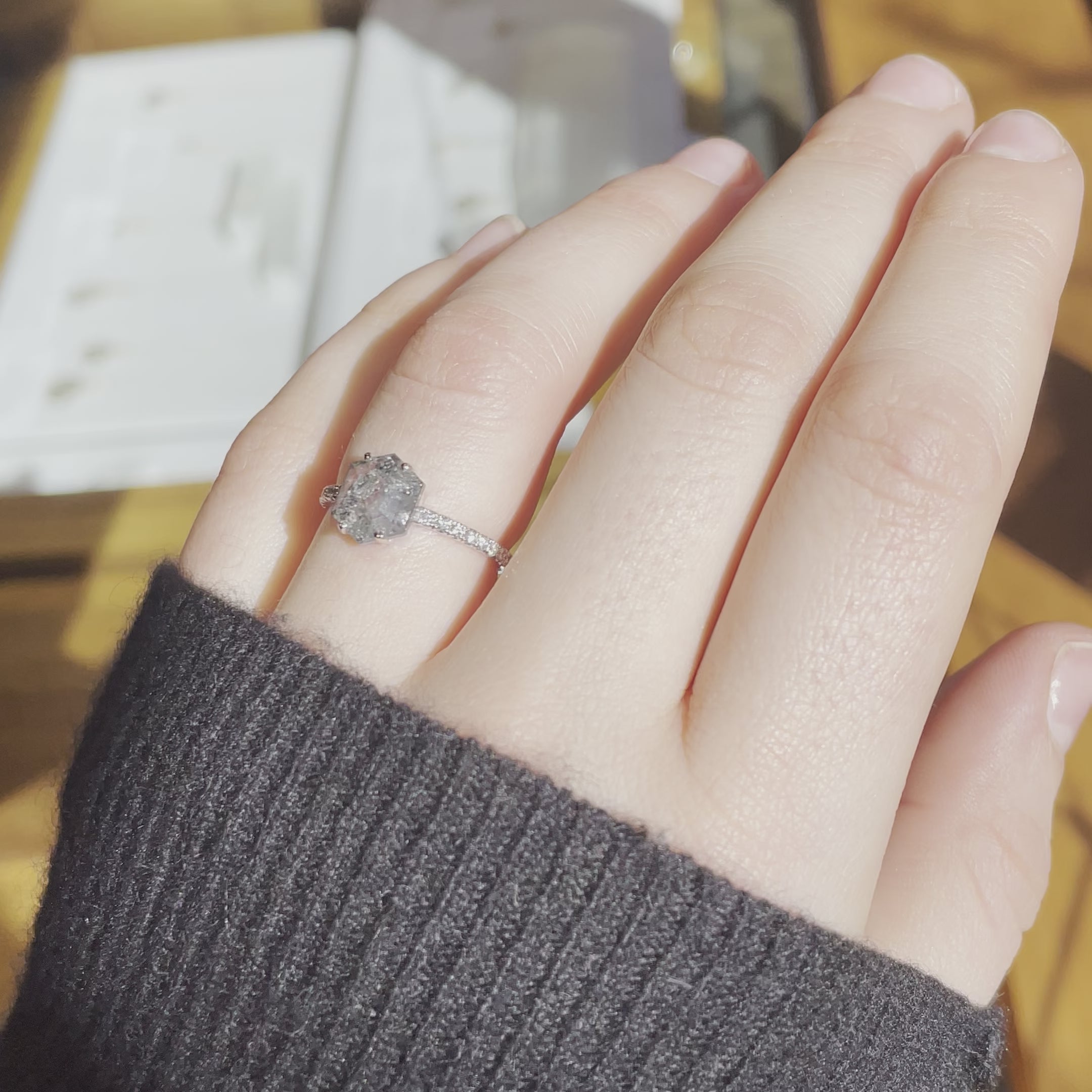 Salt and Pepper Hexagon Diamond Ring