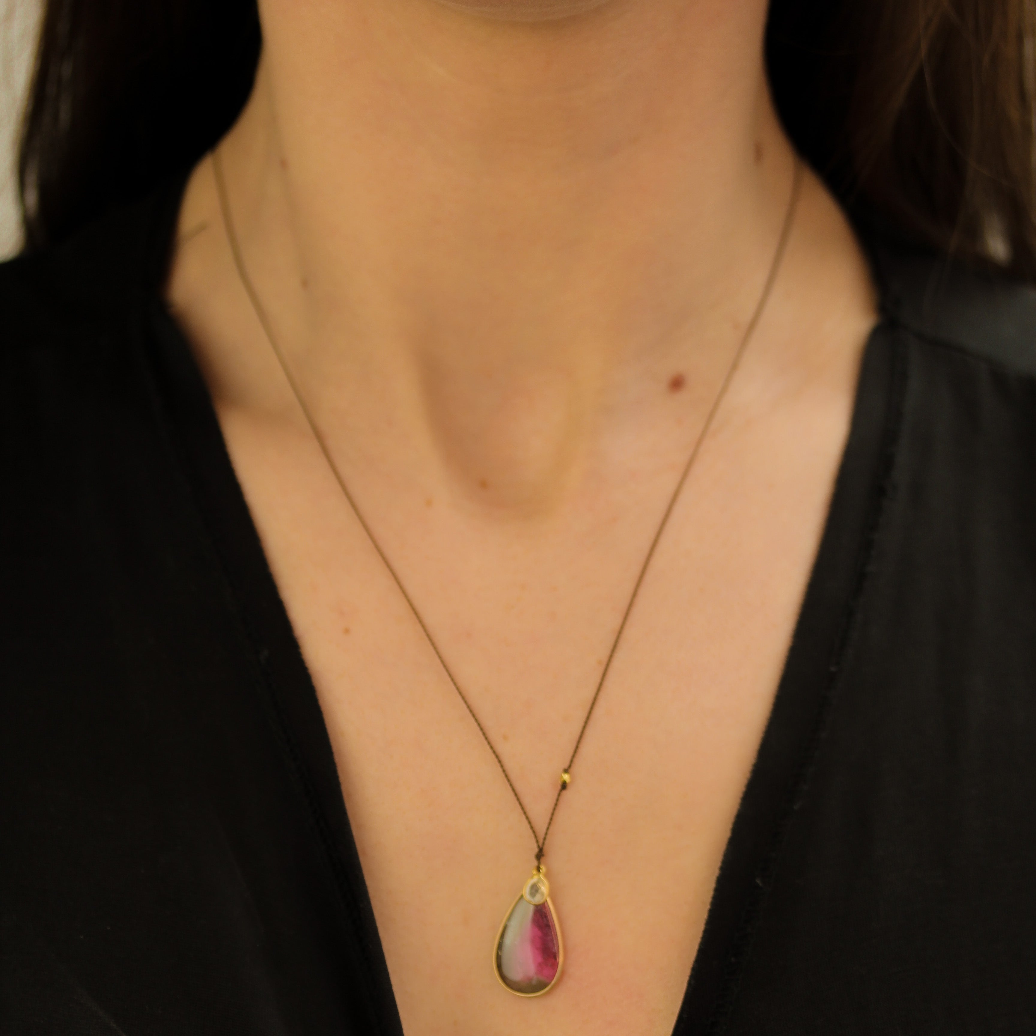 Watermelon Tourmaline and Diamond Charm Necklace